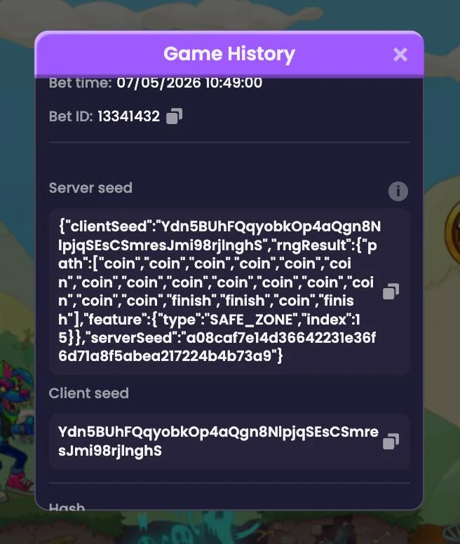Скриншот модального окна Game History внутри игры Ebaka Collector: Bet time 07/05/2026 10:49:00, Bet ID 13341432, Server seed с полным rngResult и SAFE_ZONE index 15, Client seed