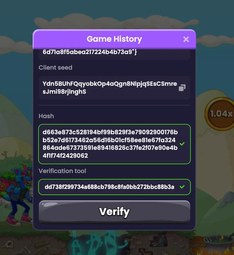 Скриншот модального окна Game History: Client seed, Hash d663e873…, Verification tool, кнопка Verify